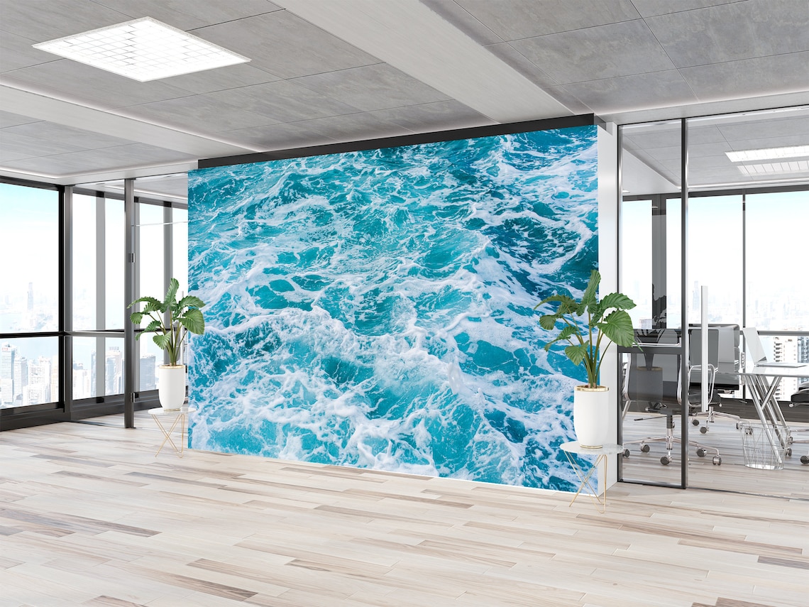 Aqua Ocean Wave Wallpaper, Peel and Stick Sea Foam Wall Mural - Etsy