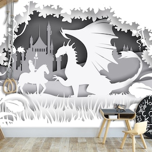Knights vs Dragon Castle Kids Nursery Wallpaper Black & White Castle Boys Room Wall Art Mural  Decor Peel and Stick