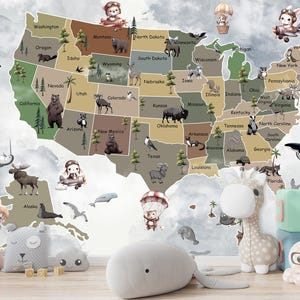 USA Kinder Karte Wandbild Kinderzimmer Karte Wandbild Tapete zum Schälen und Aufkleben Spielzimmer Kindergarten Tapete USA Karte Wandbild