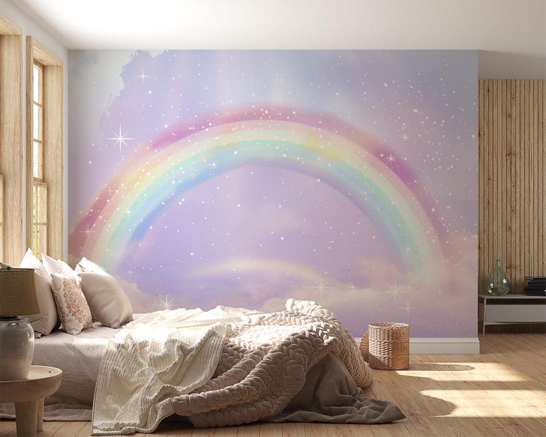 Rainbow Wallpaper Wall Mural Watercolor Rainbow Wallpaper for Kids Room ...