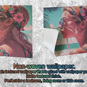 May include: Non-woven wallpaper featuring a woman with pink hair wearing sunglasses and a floral headband. The wallpaper has a matte textured finish and is perfect for a bedroom, living room, or kids room.