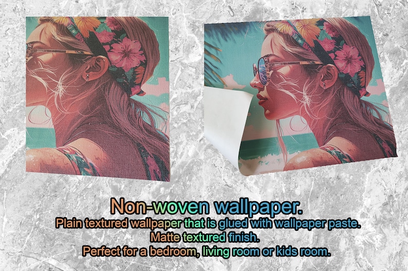 May include: Non-woven wallpaper featuring a woman with pink hair wearing sunglasses and a floral headband. The wallpaper has a matte textured finish and is perfect for a bedroom, living room, or kids room.
