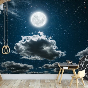 Moon and Clouds Wallpaper Mural, Night Sky Stars, Peel and Stick