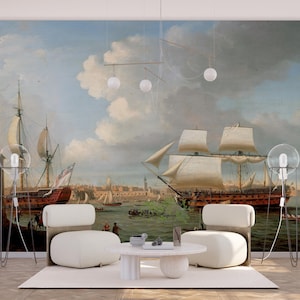Pegase entering Portsmouth Wall Art Mural & Wallpaper Nautical Old Sailing Ships Retro Reproduction Vintage Rural Peel and Stick Decor Home