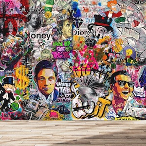 May include: A vibrant, graffiti-style artwork featuring a collage of pop culture icons, money, and famous faces. The artwork includes images of Bugs Bunny, Fry from Futurama, and Monopoly's Rich Uncle Pennybags, with the words "Money" and "Dior" prominently displayed.