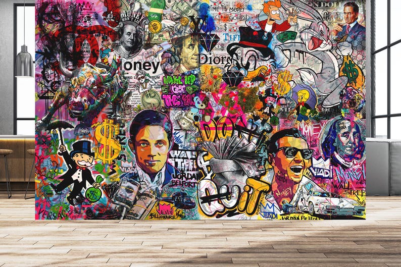 May include: A vibrant, graffiti-style artwork featuring a collage of pop culture icons, money, and famous faces. The artwork includes images of Bugs Bunny, Fry from Futurama, and Monopoly's Rich Uncle Pennybags, with the words "Money" and "Dior" prominently displayed.