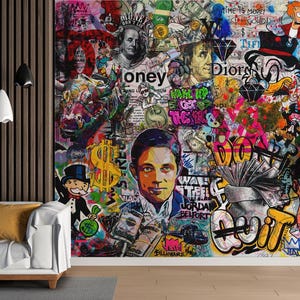 May include: A vibrant, multi-colored wall mural featuring a collage of pop art elements. The artwork includes portraits, cartoon characters, dollar bills, and graffiti-style text, creating a bold and energetic visual statement.