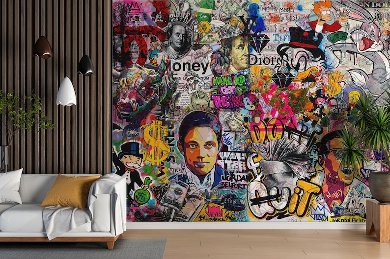 May include: A vibrant, multi-colored wall mural featuring a collage of pop art elements. The artwork includes portraits, cartoon characters, dollar bills, and graffiti-style text, creating a bold and energetic visual statement.