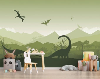 Papel pintado y mural de pared de dinosaurios para guardería infantil, Jurassic World verde, habitación de niños, arte de pared autoadhesivo, T-Rex, tamaño personalizado.