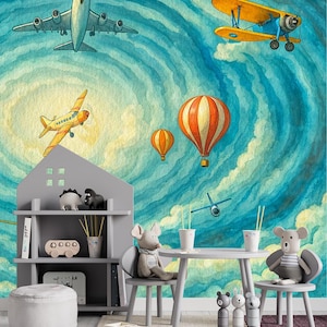 Airplanes Painted Wallpaper Children&#39;s Self Adhesive Wallpaper For Nursery Rooms Airplanes In Clouds In Painted Style Wall Mural Decor
