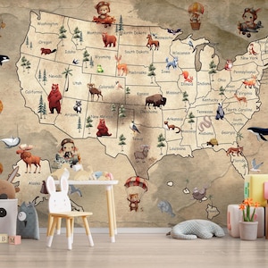 Vintage Kinder Tapete Spielzimmer Kinder Karte Wandbild Zimmer Tapete Schälen und Aufkleben Retro Kinder Tapete USA Karte Wandbild