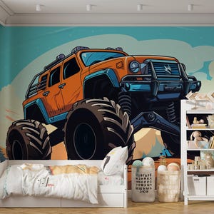 Monster Truck Wallpaper Kids Car Wall Mural Trucks for Boys Modern Cars Room Mural Children Playroom Peel and Stick Wallpaper Custom Size