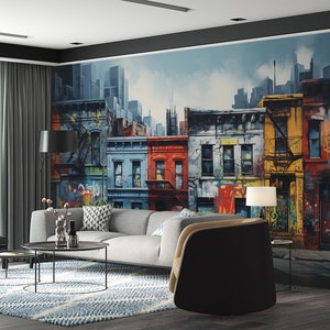 Urban Graffiti Cityscape Wallpaper Mural - Peel and Stick Wall Art