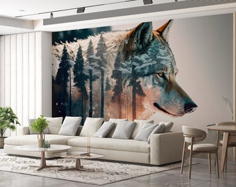 Wolf Winter Wallpaper Foggy Forest Snowfield Wolves & Forest Wall Art Mural Animal Peel and Stick Decor Home Room Custom Size