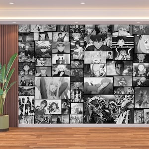 May include: A black and white collage of anime characters. The collage is made up of many different squares, each featuring a different character. The characters are all in various poses and expressions.