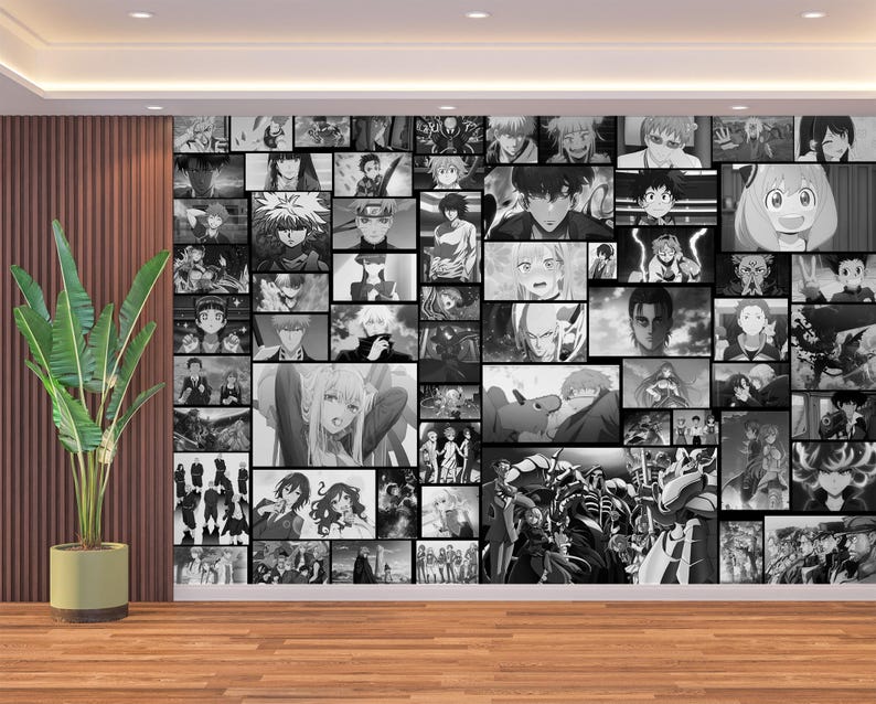 May include: A black and white collage of anime characters. The collage is made up of many different squares, each featuring a different character. The characters are all in various poses and expressions.