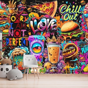 Carta da parati con graffiti di street food, murale di street art urbana, murale di cibo, murale di caffè con accenti di graffiti, murale di street pop art, decorazione staccabile e adesiva