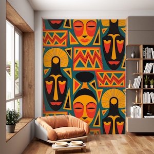 Papel pintado abstracto con rostros africanos y mural decorativo para pared. Cultura africana, tribus, estilo surrealista. Decoración para el hogar. Autoadhesivo. Tamaño personalizado.