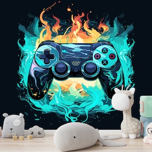 Carta da parati con controller, murale, stampa, giochi, carta da parati Art Deco, carta da parati per ragazzi, adolescenti, stacca e attacca, dimensioni personalizzate, videogioco