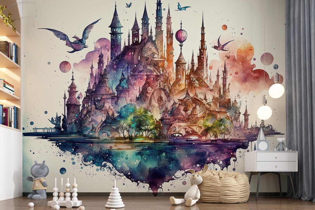 Wizardly World Castle Fantasy Wall Art Mural & Wallpaper Watercolor ...