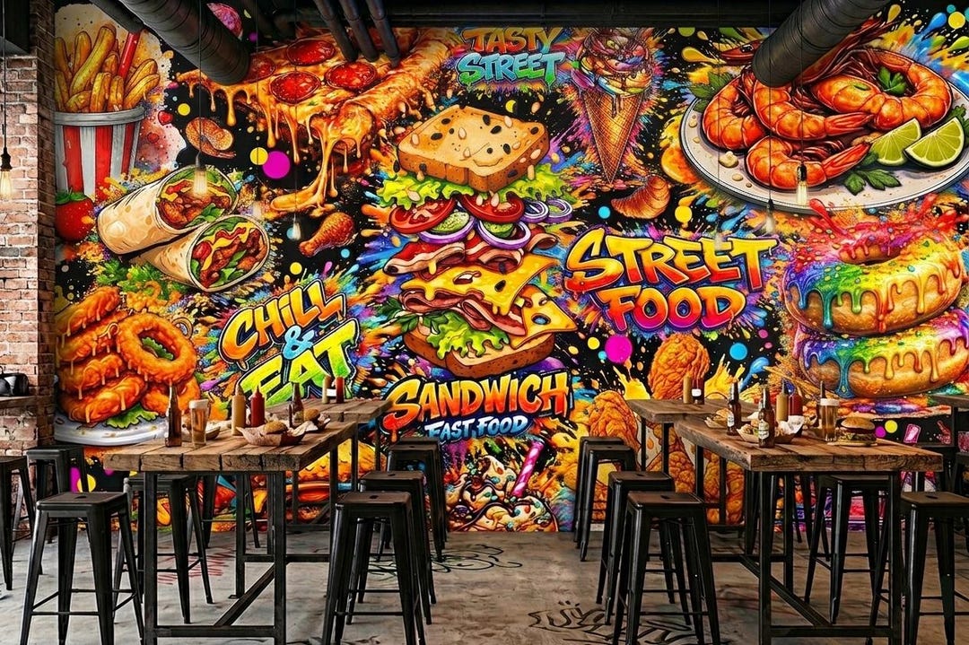 Street Food Graffiti Wall Mural Fast Food Restaurant Decor Colorful ...