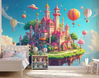 Papel pintado de un reino de cuento de hadas fantástico con cielo y nubes para la decoración de la habitación infantil.
