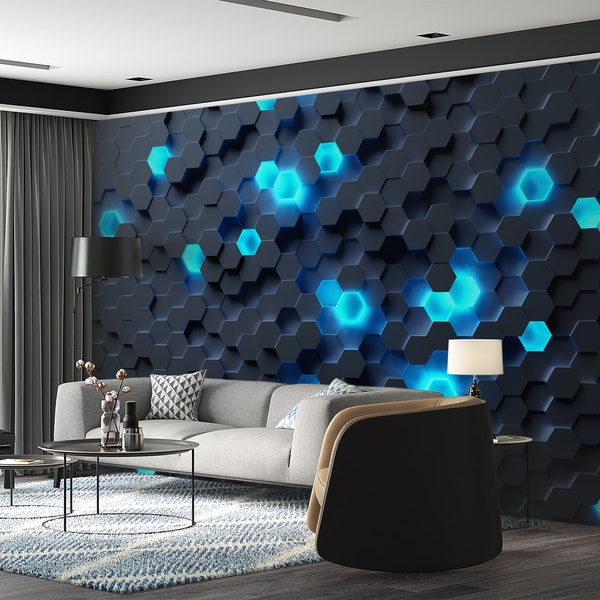 Geometric Hexagonal Neon Cubes Black & Blue Wallpaper Wall Art Mural Hexagon Pattern Hi-Tech Peel and Stick Art Wall Decor Playroom