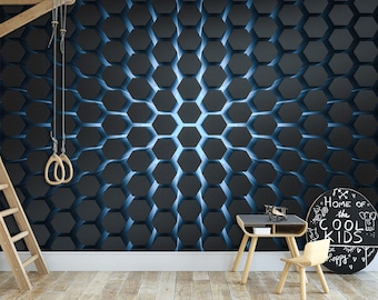 Hi-Tech Hexagonal Geometric Cubes & Wallpaper Wall Art Mural Hexagon Scientific Technological Peel and Stick Art Wall Decor Playroom