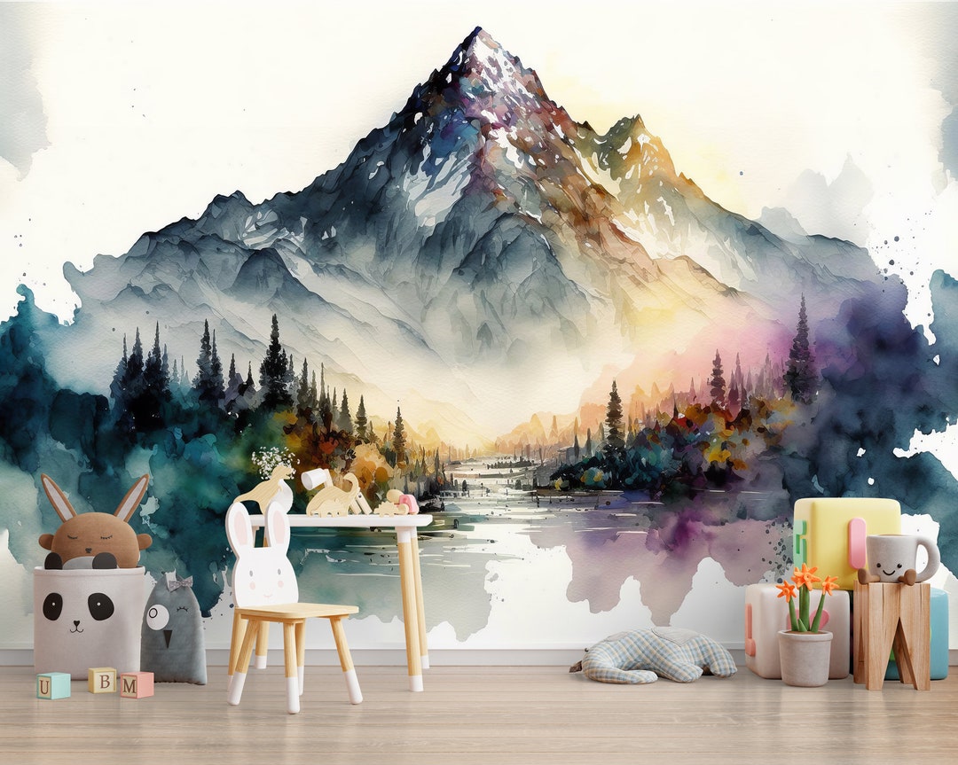 Watercolor Mountain Forest Wallpaper Mural Peel and Stick Wall Mural - Etsy