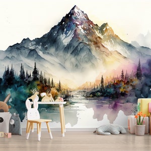 Watercolor Landscape Forest & Mountains Wall Art Mural Wallpaper Nature Watercolor Landscape Wall Art Peel and Stick Decor Home