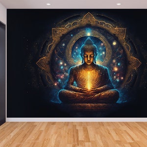 Golden Statue Buddha & Lotus Pose Wall Art Mural Wallpaper Colorful Modern Natural Abstract Peel and Stick Decor Home Room Custom Size