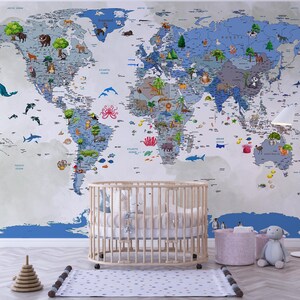 Papel pintado infantil con mapa del mundo / Mural de fauna para guardería (autoadhesivo)