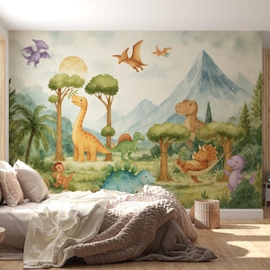 May include: A watercolour mural depicting a prehistoric scene with dinosaurs, trees, and mountains. The mural features a Brontosaurus, a Triceratops in a hammock, and flying Pterodactyls. The colour scheme is soft, with greens, blues, and yellows.