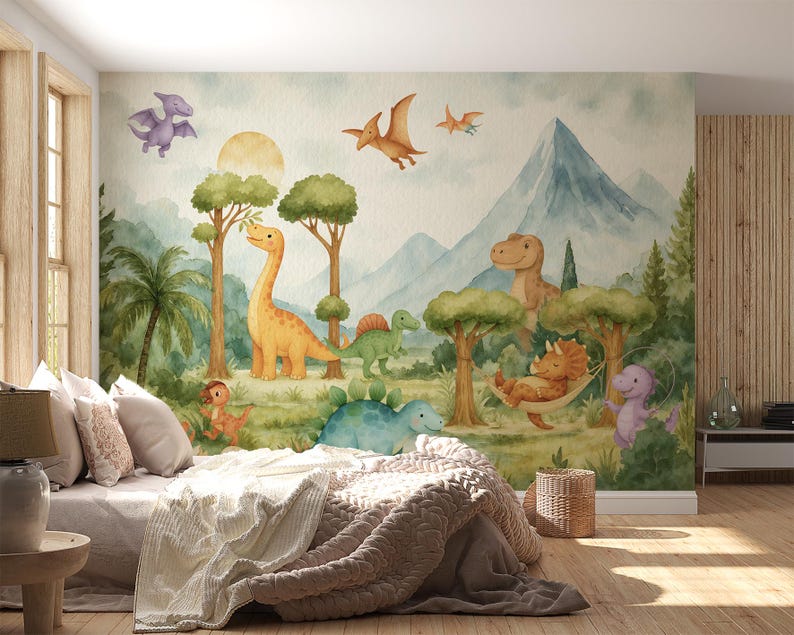 May include: A watercolour mural depicting a prehistoric scene with dinosaurs, trees, and mountains. The mural features a Brontosaurus, a Triceratops in a hammock, and flying Pterodactyls. The colour scheme is soft, with greens, blues, and yellows.