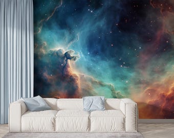 May include: A vibrant wall mural depicting a nebula in shades of blue, orange, and purple. The artwork features a detailed depiction of celestial clouds and stars, creating a cosmic atmosphere. A white sofa with blue pillows is in front of the mural.