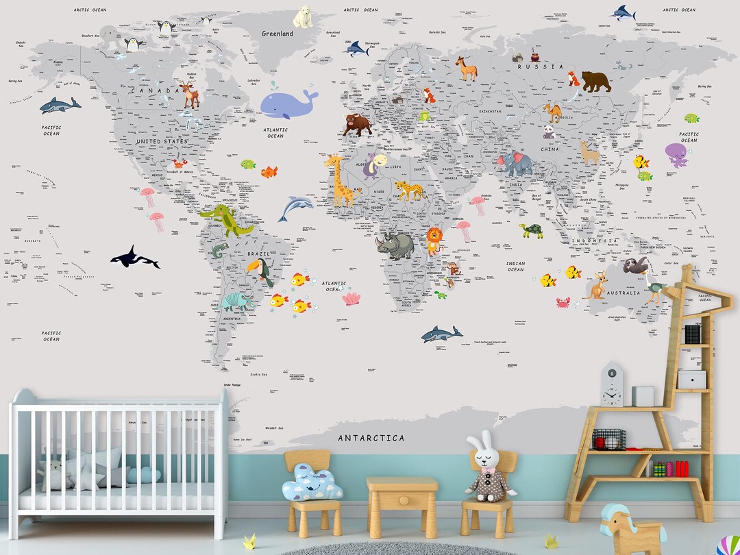 Child World Map Wallpaper Kindergarten Kids World Map Wall Art Mural ...