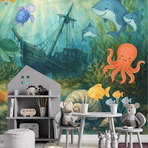 Underwater World Kids Wallpaper Baby Animals In Ocean Wall Murals Nursery Room, Playroom, Bedroom Wall Art Mural Boys Girls Wallpaper
