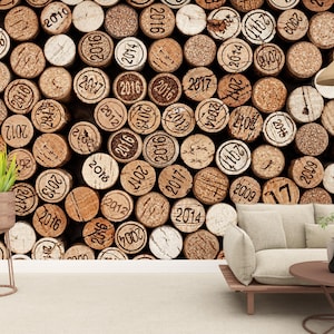 Corks of Wine Wallpaper Wine Cellar Vault Wall Art Mural & Oak Barrel Beer Bottles Wallpaper Peel and Stick Decor Home Room Mural