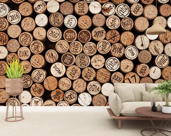Wine Cork Wallpaper Mural - Rustic Cellar Decor, Peel and Stick