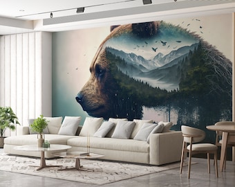 Bear Forest Wall Art Mural & Wallpaper Foggy Forest Snowfield Grizzly Animal Peel and Stick Decor Home Room Custom Size