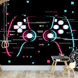 Könnte beinhalten: Eine Schwarzweißillustration eines Videospiel-Controllers mit rosa und blauen Akzenten. Der Controller ist von einem digitalen Glitch-Effekt umgeben. Der Text "HOME OF THE COOL KIDS" ist auf einer schwarzen Tafel geschrieben.