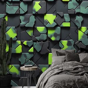 Green Cubes Wall Mural Hi-Tech Geometric Gaming Wallpaper Wall Mural Cyber Style Games Room Decor For Teen Kids Peel and Stick Custom Size