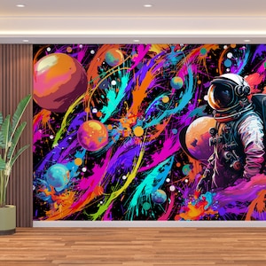 Carta da parati con graffiti spaziali e astronauti, graffiti, arte di strada, pianeti, murale, arte urbana, decorazione moderna, stacca e attacca