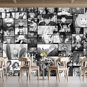 May include: Black and white collage featuring various anime characters. The collage is made up of many different panels, each with a different character. The characters are all in different poses and expressions. Some of the characters are wearing hats, glasses, and other accessories. The collage is a great way to show off your love of anime.