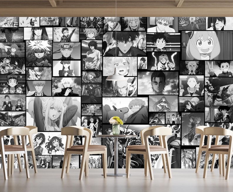May include: Black and white collage featuring various anime characters. The collage is made up of many different panels, each with a different character. The characters are all in different poses and expressions. Some of the characters are wearing hats, glasses, and other accessories. The collage is a great way to show off your love of anime.