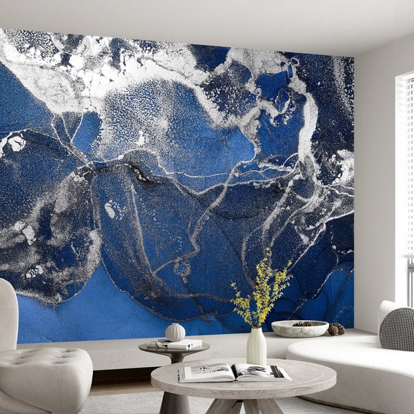 Wallpaper Modern Abstract Wall Art Mural Dark Blue & Silver Marble Abstract Wall Mural Art Print Peel and Stick Wallpaper Decor Home Room