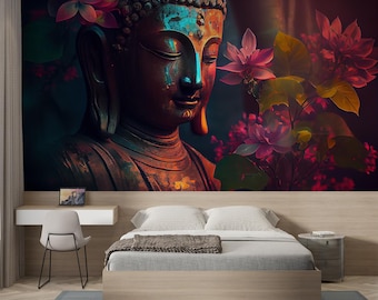 Flowers & Buddha Magic Wall Art Mural Wallpaper Flowers Floral Colorful Modern Natural Abstract Peel and Stick Decor Home Room Custom Size