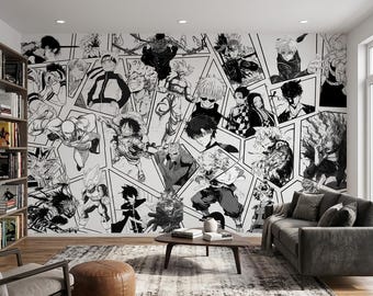 Epic Manga Collage Wallpaper, Black and White Anime Mural for Gaming Room