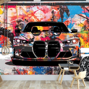 Sport Car Graffiti Wallpaper Game Room Wall Art Mural Graffiti Streat Art Decor Boys Room Peel and Stick Gaming Playroom Custom size
