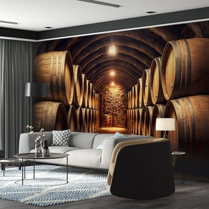 Wine Barrel & Wallpaper Wall Art Mural Wine Cellar Vault Oak Barrel